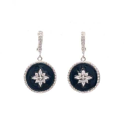 Flower Pattern Round Black Enamel Dangle Earrings