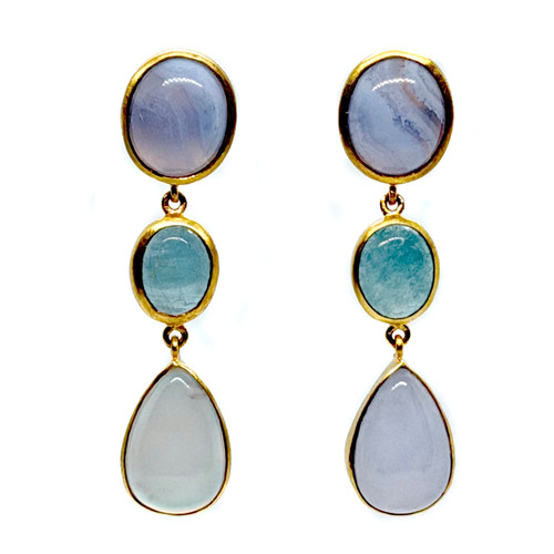 Three Tier Chalcedony Aquamarine Chalcedony Drop Earrings