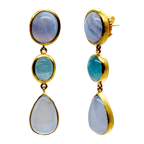 Three Tier Chalcedony Aquamarine Chalcedony Drop Earrings