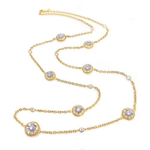 Round Engraved Flower Disc Vermeil Long Station Necklace