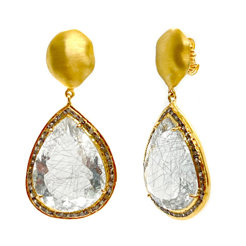 Pear Shape Rutilated Quartz and Brown Diamond Drop Earrings
