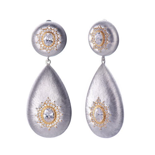 Engraved Starburst Oval CZ Large Tear Drop Clip-on Earrings