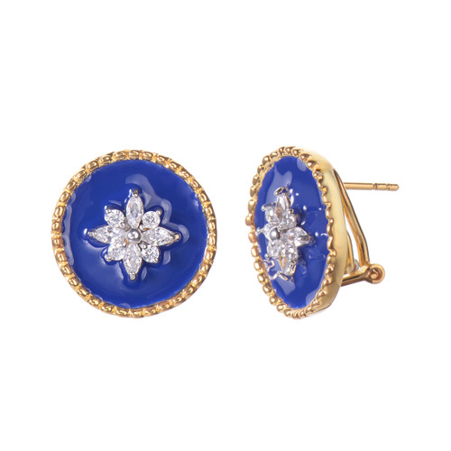 Flower Pattern Round Blue Enamel Button Vermeil Earrings