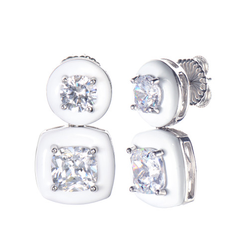 Cushion White Enamel CZ Drop Earrings