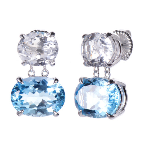 Double Oval Med White Topaz and Blue Topaz Drop Earrings