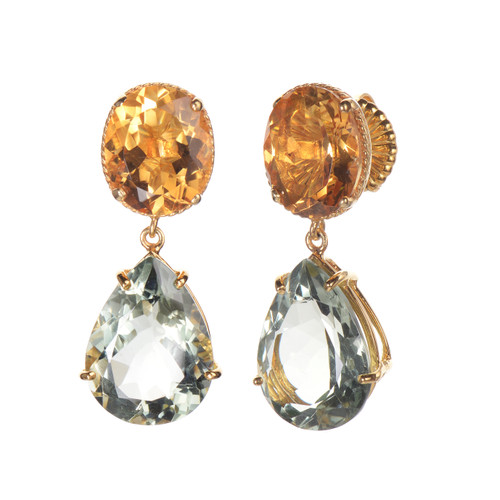 Oval Citrine and Pear Green Amethyst Drop Earrings