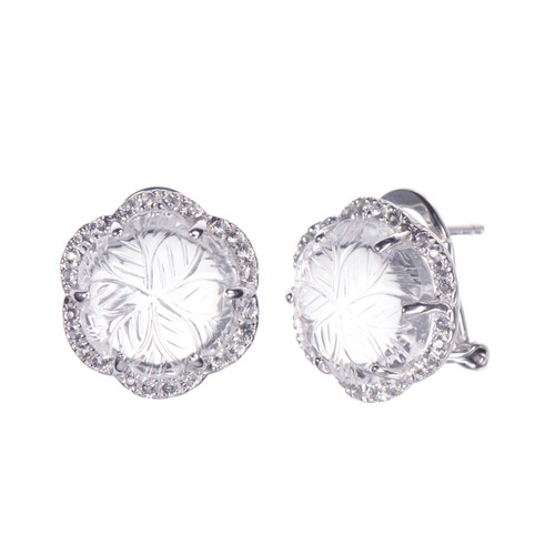 Carved Clear Quartz Flower Stud Earrings