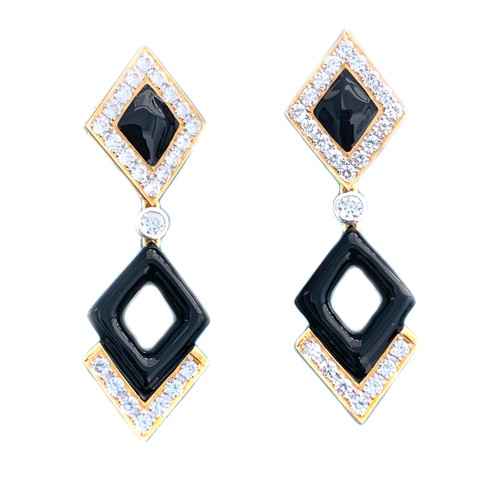 Double Diamond Motif Black Enamel Drop Vermeil Earrings