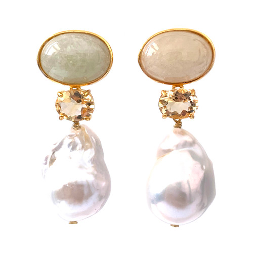 Oval Beryl and Cultured Baroque Pearl Drop Earrings