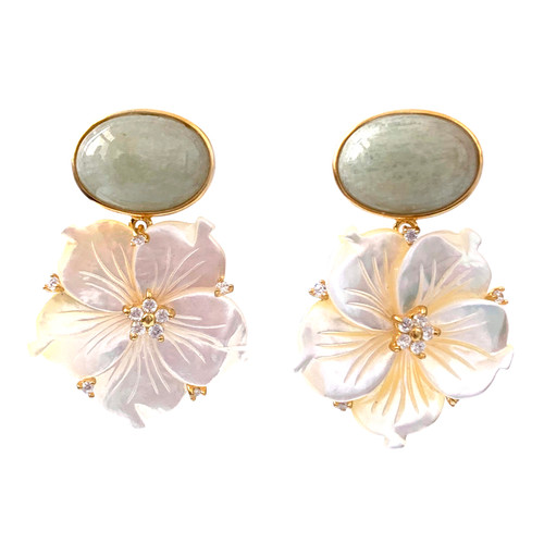 Oval Beryl and Carved Mother of Pearl Flower Drop Earrings