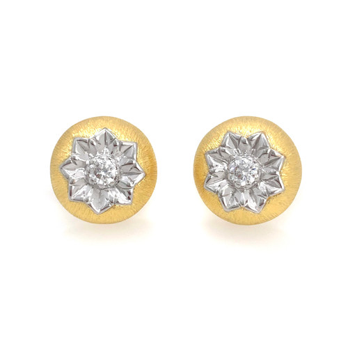 Engraved Flower Round Button Vermeil Earrings