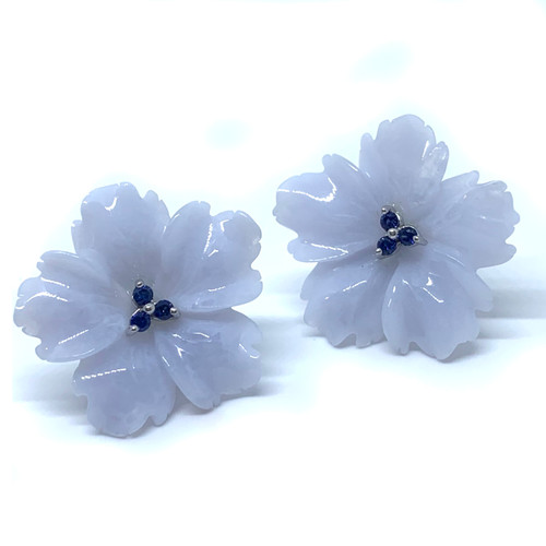 Carved Chalcedony Flower and Sapphire Earrings