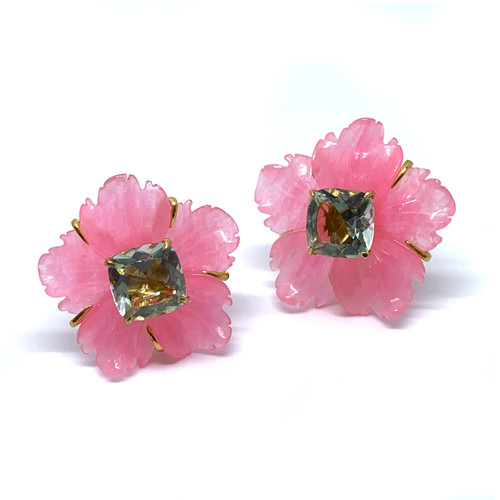 Carved Pink Quartzite Flower with Green Amethyst Earrings
