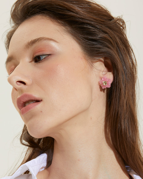 Carved Pink Quartzite Flower with Cushion Prasiolite Stud Earrings