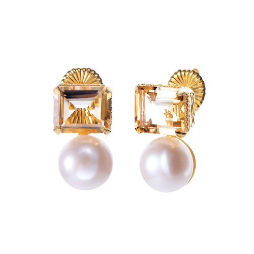 Octagon Citrine and Cultured Pearl Earrings