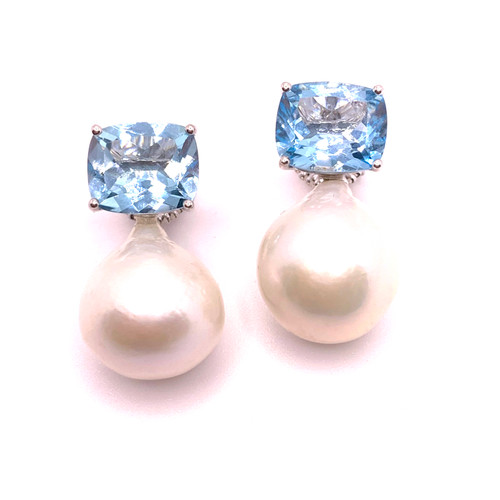 Cushion-cut Blue Topaz and White Baroque Pearl Drop Earrings