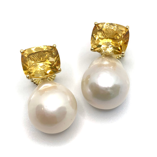 Cushion-cut Citrine and White Baroque Pearl Drop Vermeil Earrings