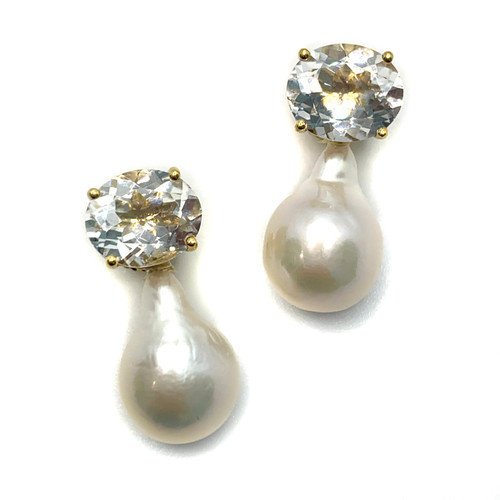 Oval White Topaz and White Baroque Pearl Vermeil Drop Earrings