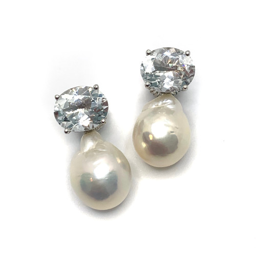 Oval White Topaz and White Baroque Pearl Drop Earrings