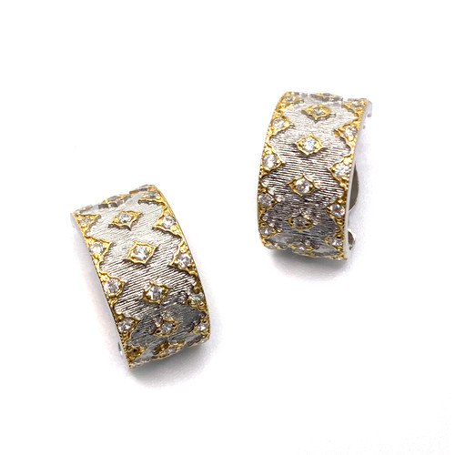 Diamond-Pattern Two Tone Half Hoop Earrings