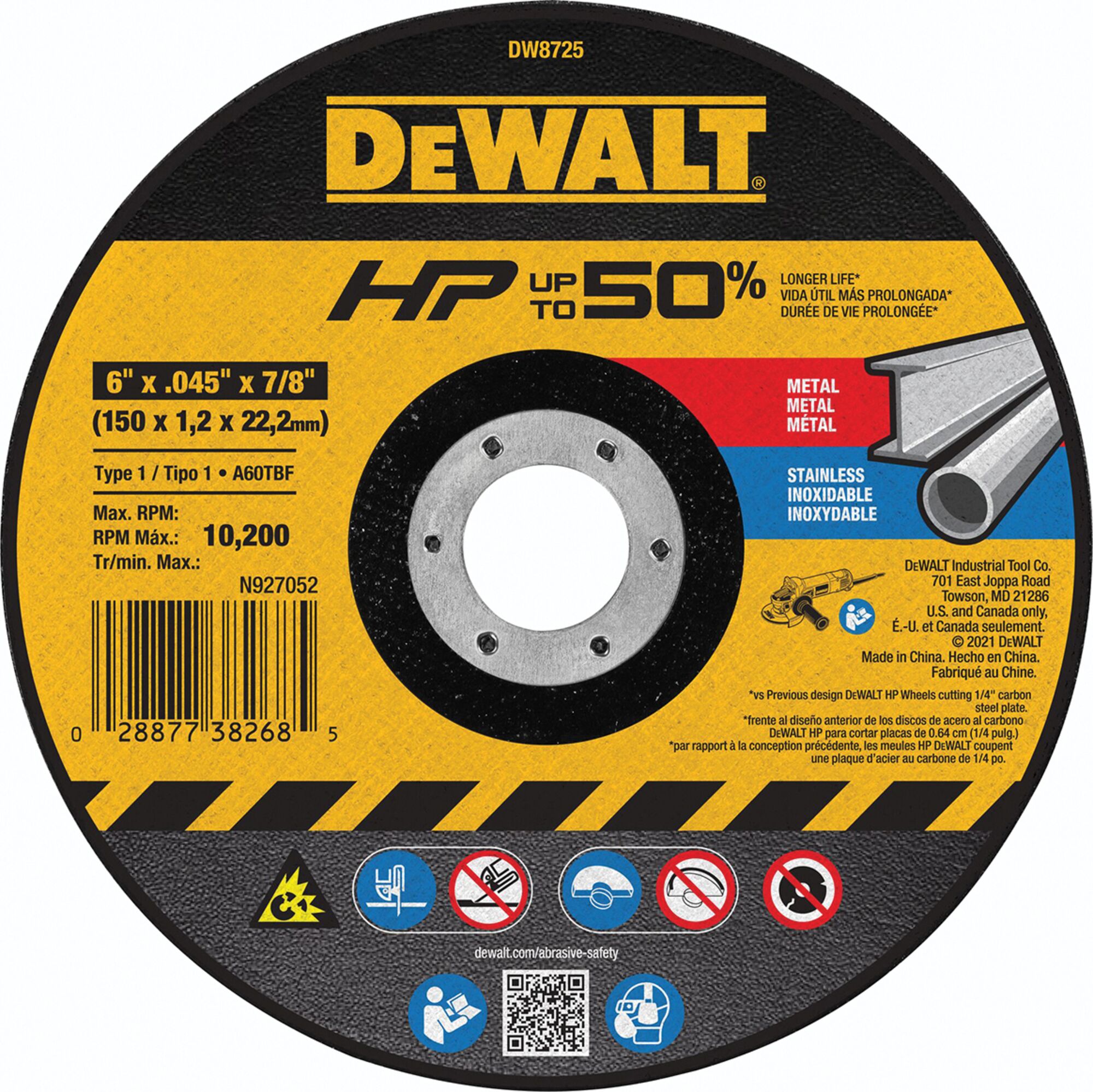 6 x 0.045 x 7.8 in. Metal/Stainless-Steel Cutting Wheel | DEWALT