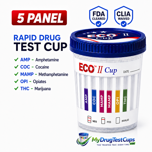 5-Panel Rapid Drug Test Cup – AMP, BZO, COC, MAMP & OPI | CLIA-Waived Urine Screening Cup (DOT)