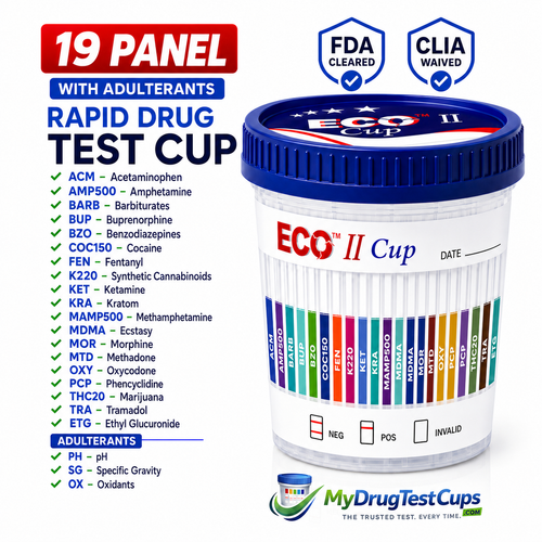 19 Panel Rapid Drug Test Cup-ACM/AMP500/BARB/BUP/BZO/COC150/FEN/K220/KET/KRA/MAMP500/MDMA/MOR/MTD/OXY/PCP/THC20/TRA/WITH ETG ALCOHOL AND ADULTERANTS PH-SG-OX