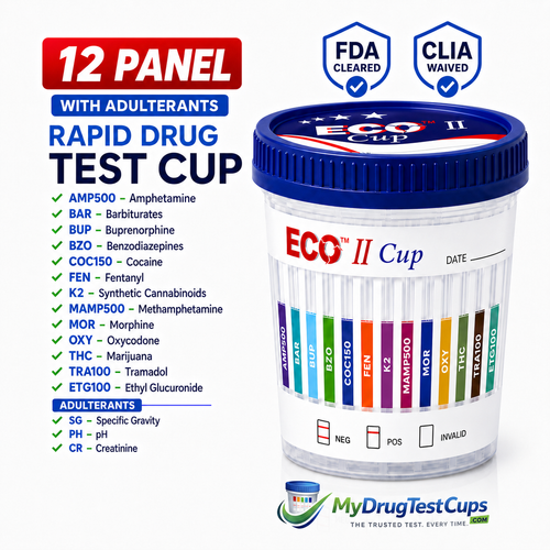 Accurate and affordable 12-panel rapid urine drug test cup with ETG alcohol screening and built-in PH, specific gravity and creatinine validity checks. This popular all-in-one urine screening cup delivers convenient preliminary results for multiple commonly tested drugs.