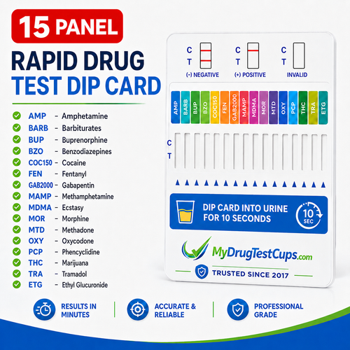 The 15 Panel Rapid Drug Test Dip Card from MyDrugTestCups.com provides fast, professional urine drug screening in a convenient dip card format. Designed for clinics, treatment centers, employers, correctional facilities, government agencies, and workplace testing programs, this test is sold as a box of 25 and is available for bulk and case ordering.