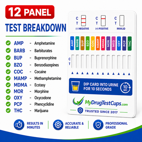 The 12 Panel Rapid Drug Test Dip Card from MyDrugTestCups.com is a professional urine drug screening test designed for fast, simple, and reliable preliminary results. This easy-to-use dip card screens for 12 commonly tested drug classes and is ideal for clinics, treatment centers, employers, correctional facilities, and workplace testing programs.