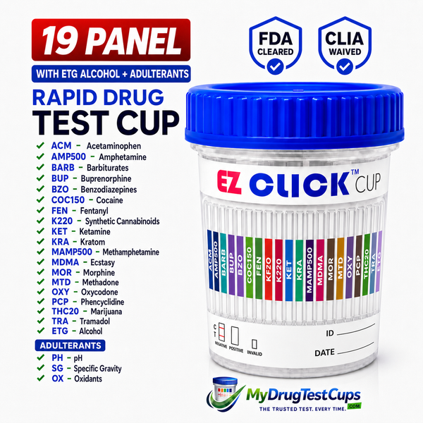 19 Panel Rapid Drug Test Cup -EZ ACM,AMP500,BARB,BUP,BZO,COC150,FEN,K220,KET,KRA,MAMP500,MDMA,MOR,MTD,OXY,PCP,THC20,TRA,ETG+ ADULTERANTS