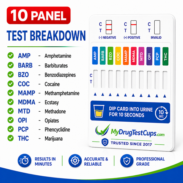 The 10 Panel Rapid Drug Test Dip Card from MyDrugTestCups.com is a professional urine drug screening test designed for fast, simple, and reliable preliminary results. This compact dip card screens for commonly tested drug classes and is ideal for clinics, treatment centers, employers, correctional facilities, and workplace testing programs.