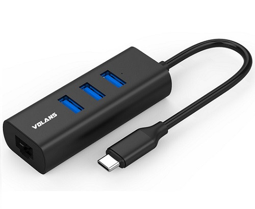 Volans VL-HJ45-C2, Aluminium USB-C to 3 Port Hub and Gigabit Ethernet Adapter, 1 Year Warranty