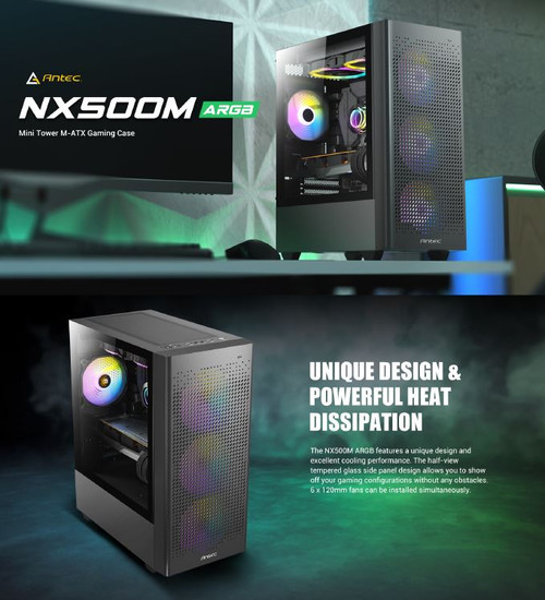 Antec NX500M mATX, Mesh, USB-C, 3x ARGB 120mm, USB 3.0, HD Audio, 360mm Radiator Front & 240 Top, 2x ARGB Front, 1 x Rear, removable HDD, Case - SI Antec NX500M mATX, Mesh, USB-C, 3x ARGB 120mm, USB 3.0, HD Audio, 360mm Radiator Front & 240 Top, 2x ARGB Front, 1 x Rear, removable HDD, Case - SI
