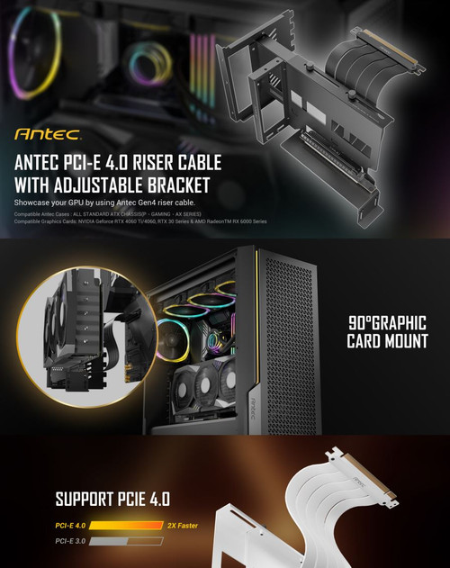 Antec Vertical PCI Bracket and PCI-E 4.0 Cable Kit (200mm) White. Universal Support. Premium Gold Plated + 180 degrees Ultra Fliexible Cable Antec Vertical PCI Bracket and PCI-E 4.0 Cable Kit (200mm) White. Universal Support. Premium Gold Plated + 180 degrees Ultra Fliexible Cable