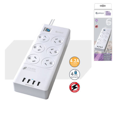 Sansai 6 Outlets & 4 USB Outlets Surge Protected Powerboard Master On/Off switch Surge and overload protected 230-240VAC IV Retail box Sansai 6 Outlets & 4 USB Outlets Surge Protected Powerboard Master On/Off switch Surge and overload protected 230-240VAC IV Retail box
