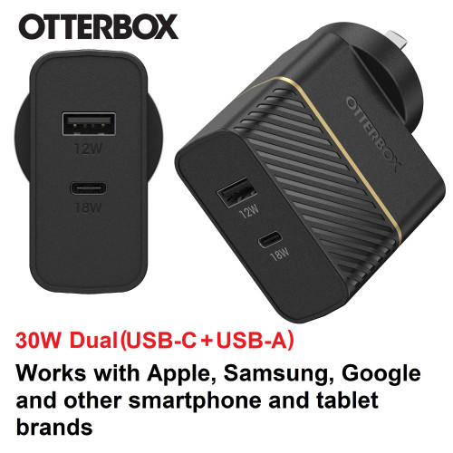 OtterBox 30W Dual Port Premium Fast PD Wall Charger - Black (78-80029),1x USB-A (12W), 1x USB-C (18W),Compact,Up to 3.6X faster charging, Travel-Ready OtterBox 30W Dual Port Premium Fast PD Wall Charger - Black (78-80029),1x USB-A (12W), 1x USB-C (18W),Compact,Up to 3.6X faster charging, Travel-Ready