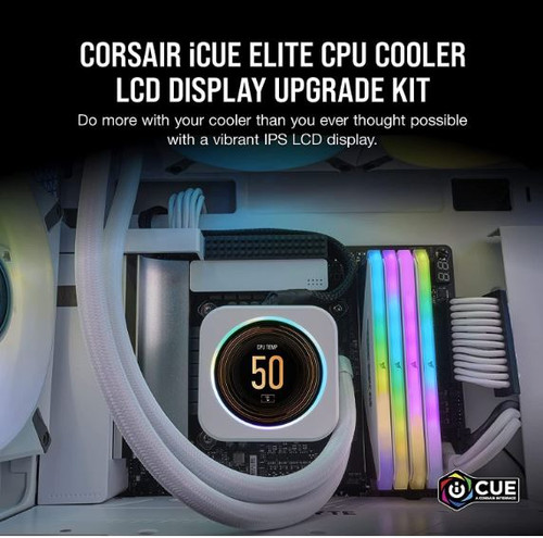 Corsair iCUE ELITE CPU Cooler LCD White Display Upgrade Kit transforms your CORSAIR ELITE CAPELLIX CPU cooler into a personalized dashboard Corsair iCUE ELITE CPU Cooler LCD White Display Upgrade Kit transforms your CORSAIR ELITE CAPELLIX CPU cooler into a personalized dashboard