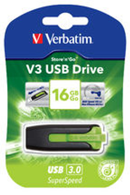 Verbatim 16GB V3 USB3.0 Green Store'n'Go V3; Rectractable USB Storage Drive Memory Stick
