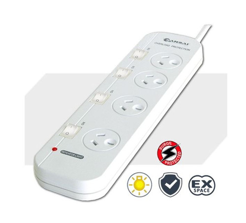 Sansai 4-Way Power Board (421SW) with Individual Switches and Surge Protection 2 Extra Spaced Sockets Indicator Light 100CM Lead 240VAC 50Hz 10A Sansai 4-Way Power Board (421SW) with Individual Switches and Surge Protection 2 Extra Spaced Sockets Indicator Light 100CM Lead 240VAC 50Hz 10A