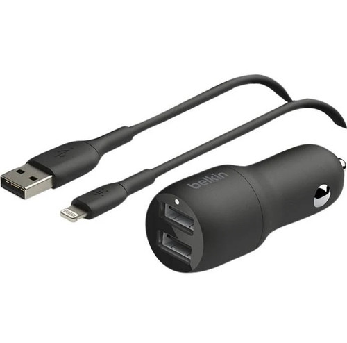 Belkin BoostCharge Dual USB-A Car Charger 24W + Lightning to USB-A Cable(1M) - Black(CCD001bt1MBK),2xUSB-A(12W),Dual Port Fast & Compact Charger,2YR Belkin BoostCharge Dual USB-A Car Charger 24W + Lightning to USB-A Cable(1M) - Black(CCD001bt1MBK),2xUSB-A(12W),Dual Port Fast & Compact Charger,2YR