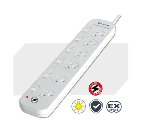 Sansai 6-Way Power Board (661SW) with Individual Switches and Surge Protection Overload Protected Reset button Indicator Light 100CM Lead 240VAC 10A Sansai 6-Way Power Board (661SW) with Individual Switches and Surge Protection Overload Protected Reset button Indicator Light 100CM Lead 240VAC 10A