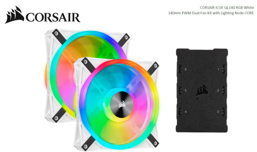 Corsair QL140 RGB White Dual Fan Kit with Lighting Node Core, ICUE, 140mm RGB LED PWM Fan 26dBA, 50.2 CFM, 2 Fan Pack Corsair QL140 RGB White Dual Fan Kit with Lighting Node Core, ICUE, 140mm RGB LED PWM Fan 26dBA, 50.2 CFM, 2 Fan Pack