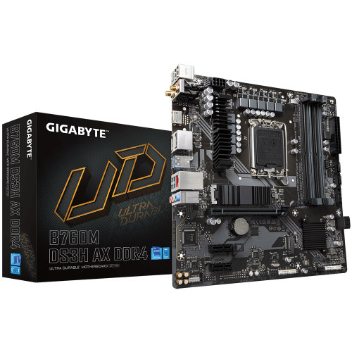 Gigabyte B760M DS3H AX DDR4 Intel LGA 1700 m-ATX Motherboard, 4x DDR4 ~128GB, 1x PCI-E x16, 1x PCI-E x1, 2x M.2, 4x SATA, 3x USB 3.2, 2x USB 2.0, 1x T Gigabyte B760M DS3H AX DDR4 Intel LGA 1700 m-ATX Motherboard, 4x DDR4 ~128GB, 1x PCI-E x16, 1x PCI-E x1, 2x M.2, 4x SATA, 3x USB 3.2, 2x USB 2.0, 1x T