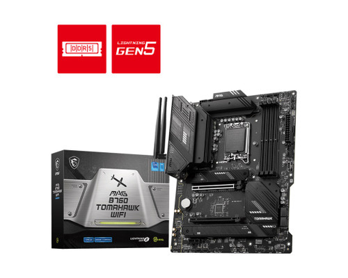 MSI MAG B760 TOMAHAWK WIFI ATX Motherboard, 4x DDR5~192GB, 2x PCI-E x 16, 1x PCI-E x 1,  3x M.2, 4x SATA, 4x USB 3.2 , 4x USB 2.0, 1x USB Type C MSI MAG B760 TOMAHAWK WIFI ATX Motherboard, 4x DDR5~192GB, 2x PCI-E x 16, 1x PCI-E x 1,  3x M.2, 4x SATA, 4x USB 3.2 , 4x USB 2.0, 1x USB Type C