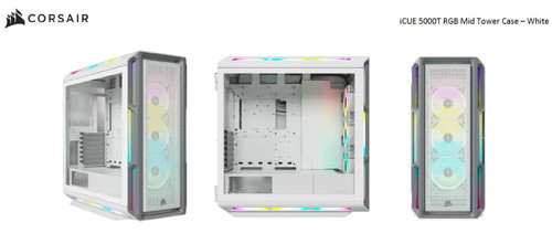 Corsair iCUE 5000T RGB ATX Mid-Tower Case, USB Type-C, 160 RGB LED, Rapid Route, Maximum Cooling, Tool Free Hinged Side Panels, White (LS) Corsair iCUE 5000T RGB ATX Mid-Tower Case, USB Type-C, 160 RGB LED, Rapid Route, Maximum Cooling, Tool Free Hinged Side Panels, White (LS)