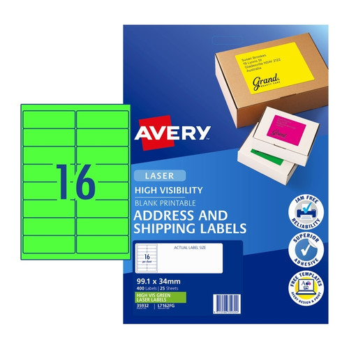 Avery Fluoro Green High Visibility Shipping Labels for Laser Printers, 99.1 x 34 mm, 400 Labels (35932 / L7162FG)
