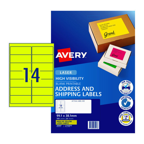 Avery Fluoro Yellow High Visibility Shipping Labels for Laser Printers, 99.1 x 38.1 mm, 350 Labels (35947 / L7163FY)
