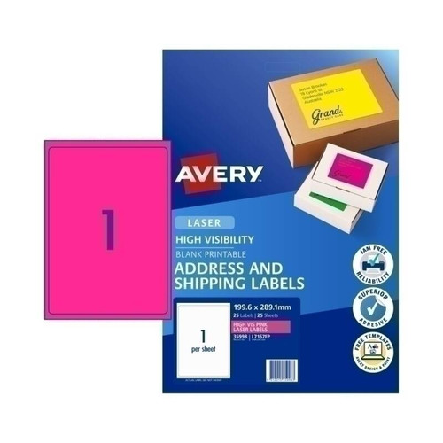 Avery Fluoro Pink High Visibility Shipping Labels for Laser Printers, 199.6 x 289.1 mm, 25 Labels (35998 / L7167FP)