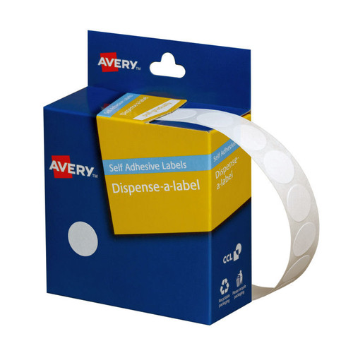 Avery White Circle Dispenser Labels, 14 mm diameter, 1200 Labels, Handwritable (937200)